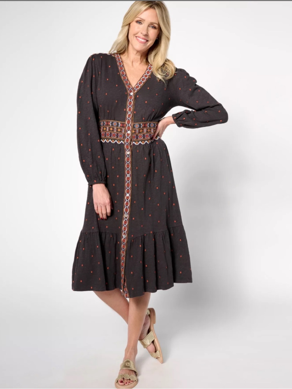 Denim & Co. Canyon Retreat Embroidered Midi
Dress 100% Cotton Knit Boho Size XL